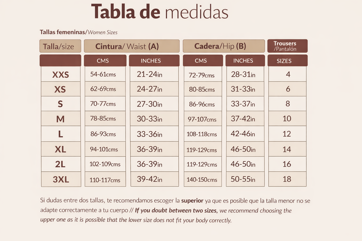 Tabla de medidas de fajas colombianas con guía de cintura y cadera para elegir la talla correcta.