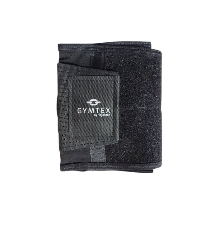 Cinturón deportivo colombiano unisex negro con velcro ajustable, diseño transpirable y panel de soporte abdominal y lumbar.