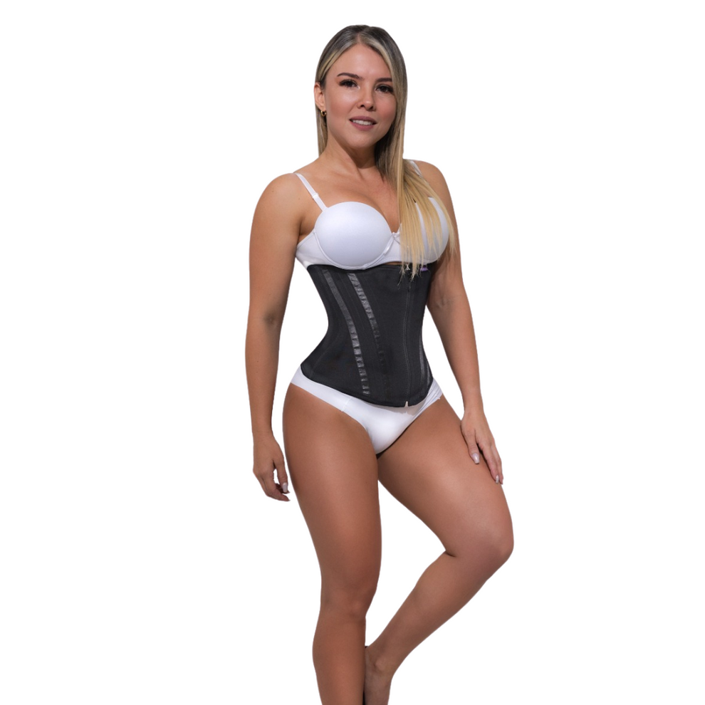 Cinturilla colombiana reloj de arena negra, powernet de alta compresión y cierre frontal con broches internos.