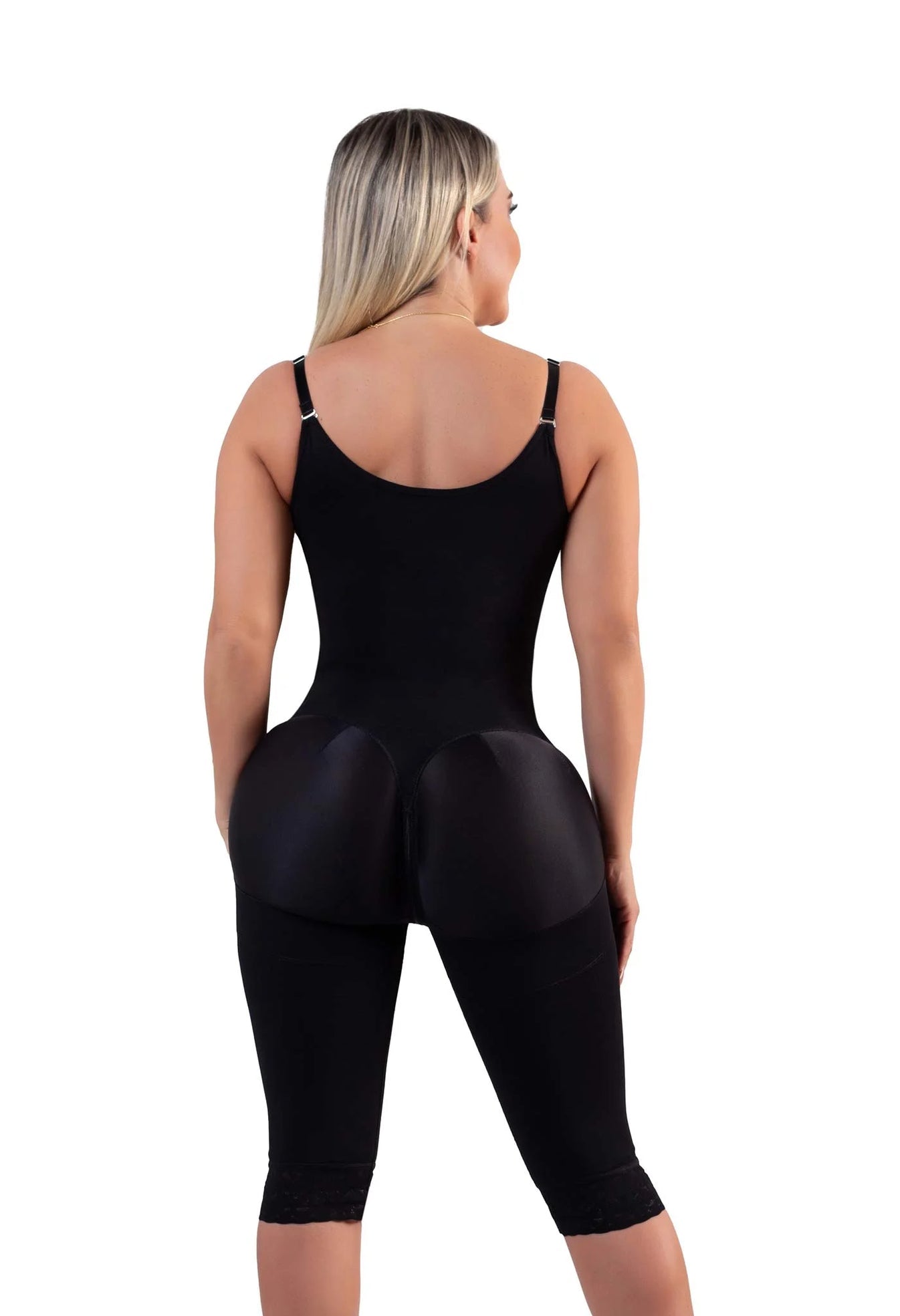 Faja colombiana levanta glúteos larga de alta compresión color negro vista espalda