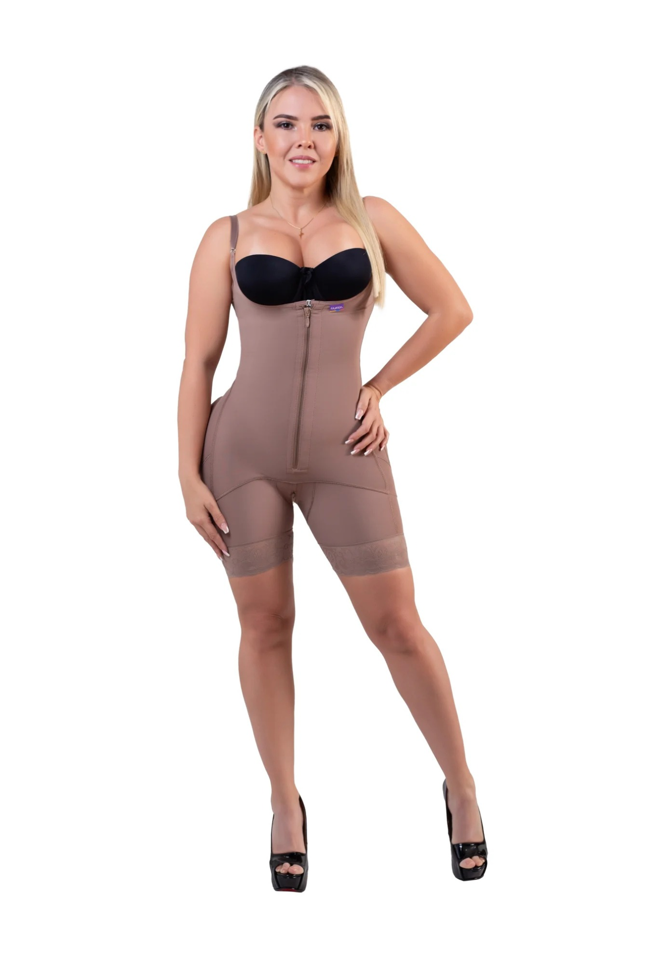 Faja postquirúrgica colombiana media pierna y moldeadora color cocoa vista frontal