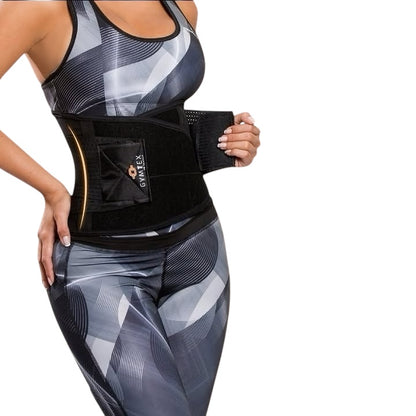 Mujer usando cinturón deportivo colombiano unisex con ajuste de velcro para soporte abdominal y lumbar en entrenamiento.